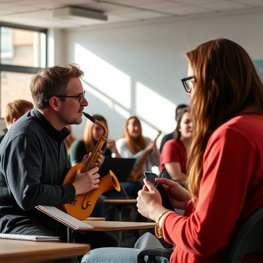 Students discussing jazz harmony in a classroom